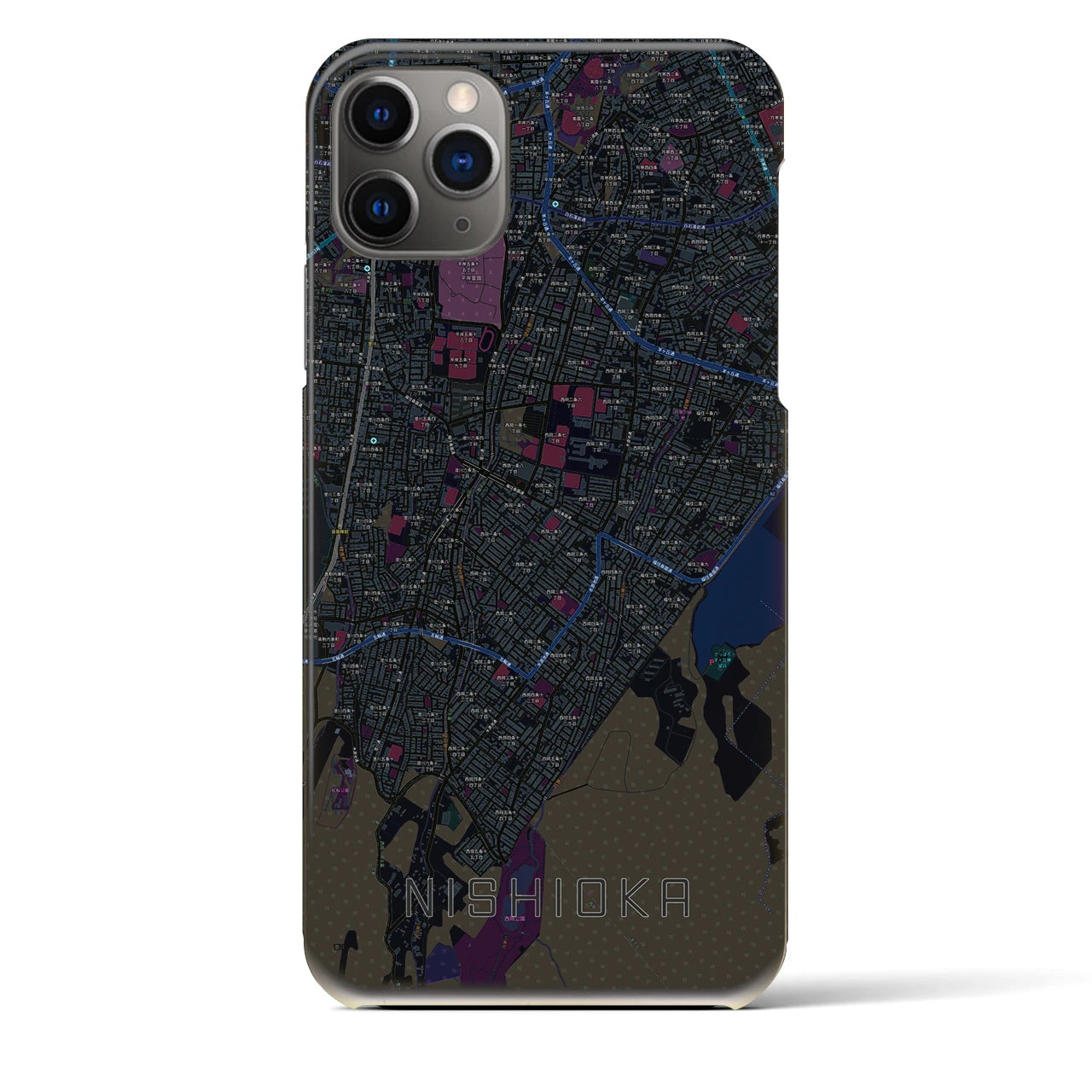 【西岡】地図柄iPhoneケース（バックカバータイプ・ブラック）iPhone 11 Pro Max 用