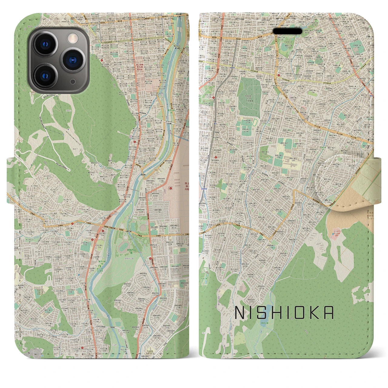 【西岡】地図柄iPhoneケース（手帳両面タイプ・ナチュラル）iPhone 11 Pro Max 用