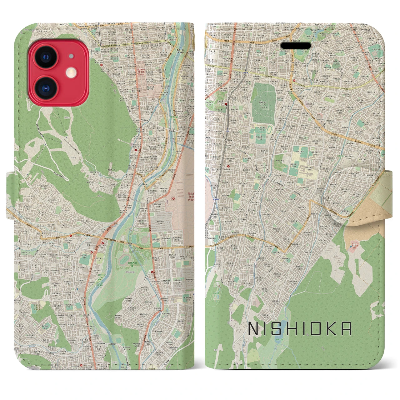 【西岡】地図柄iPhoneケース（手帳両面タイプ・ナチュラル）iPhone 11 用
