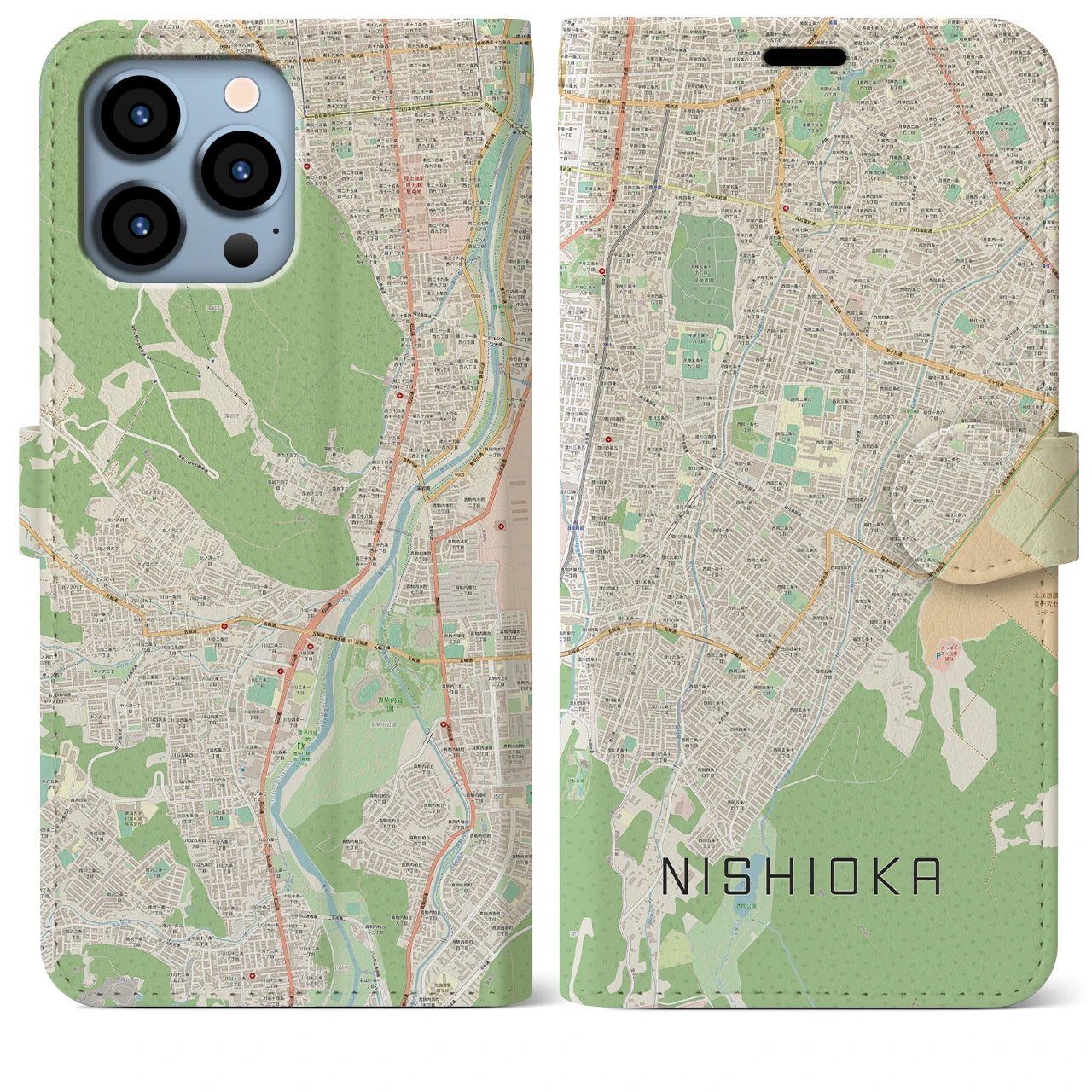 【西岡】地図柄iPhoneケース（手帳両面タイプ・ナチュラル）iPhone 13 Pro Max 用