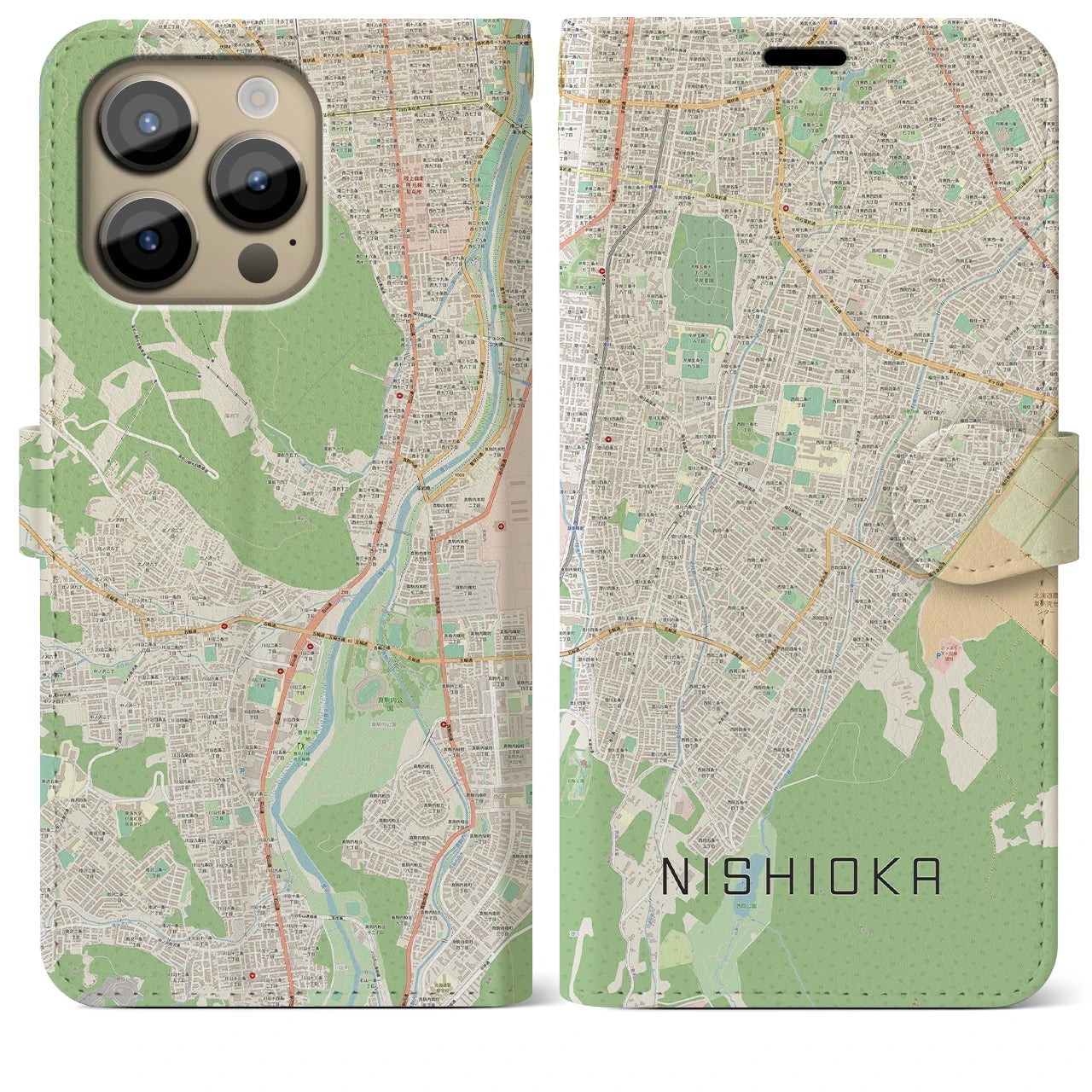 【西岡】地図柄iPhoneケース（手帳両面タイプ・ナチュラル）iPhone 14 Pro Max 用