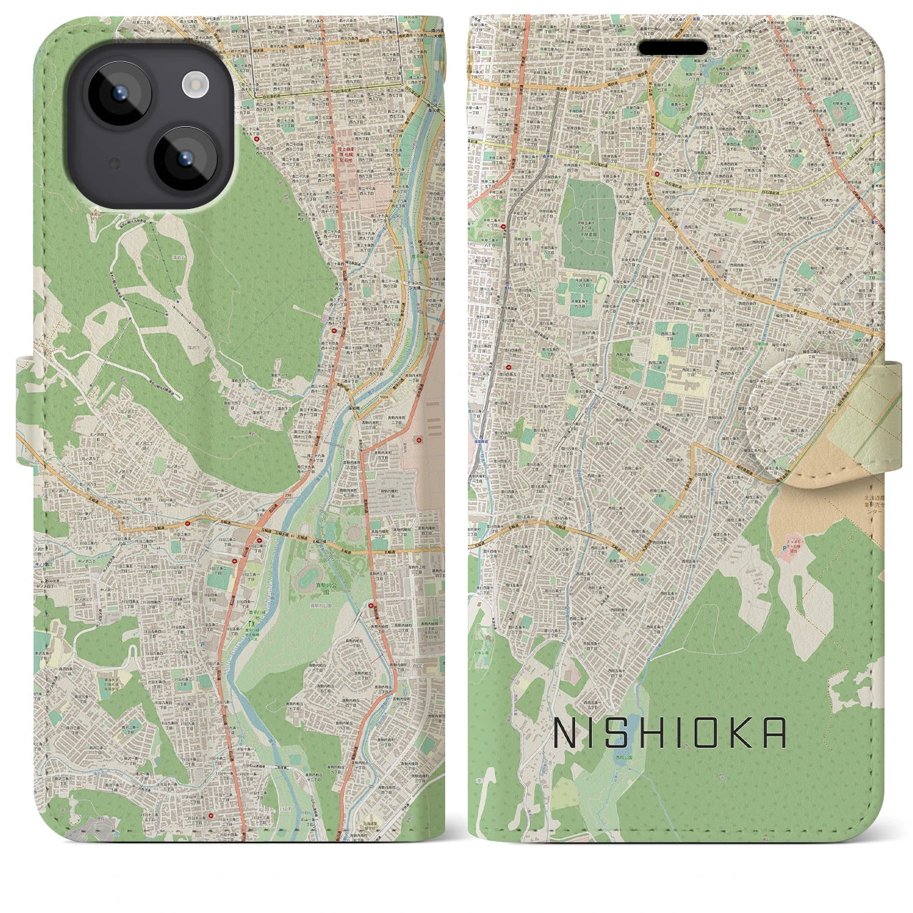 【西岡】地図柄iPhoneケース（手帳両面タイプ・ナチュラル）iPhone 14 Plus 用
