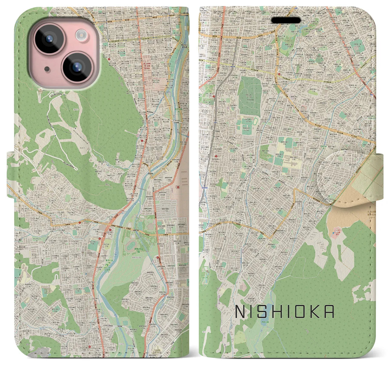 【西岡】地図柄iPhoneケース（手帳両面タイプ・ナチュラル）iPhone 15 Plus 用