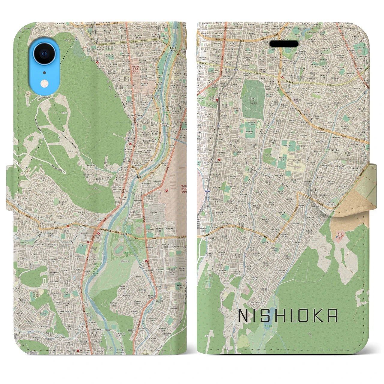 【西岡】地図柄iPhoneケース（手帳両面タイプ・ナチュラル）iPhone XR 用