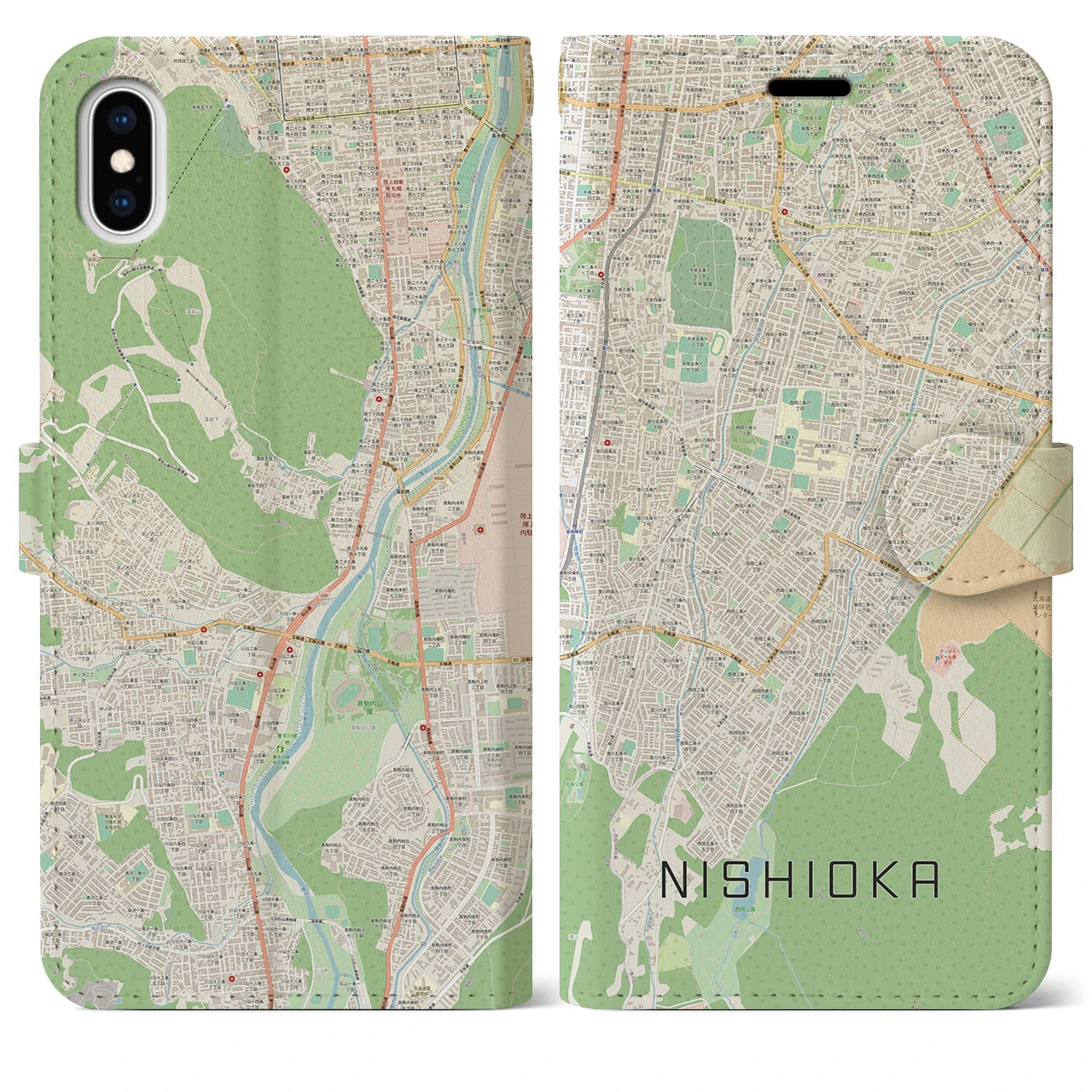【西岡】地図柄iPhoneケース（手帳両面タイプ・ナチュラル）iPhone XS Max 用