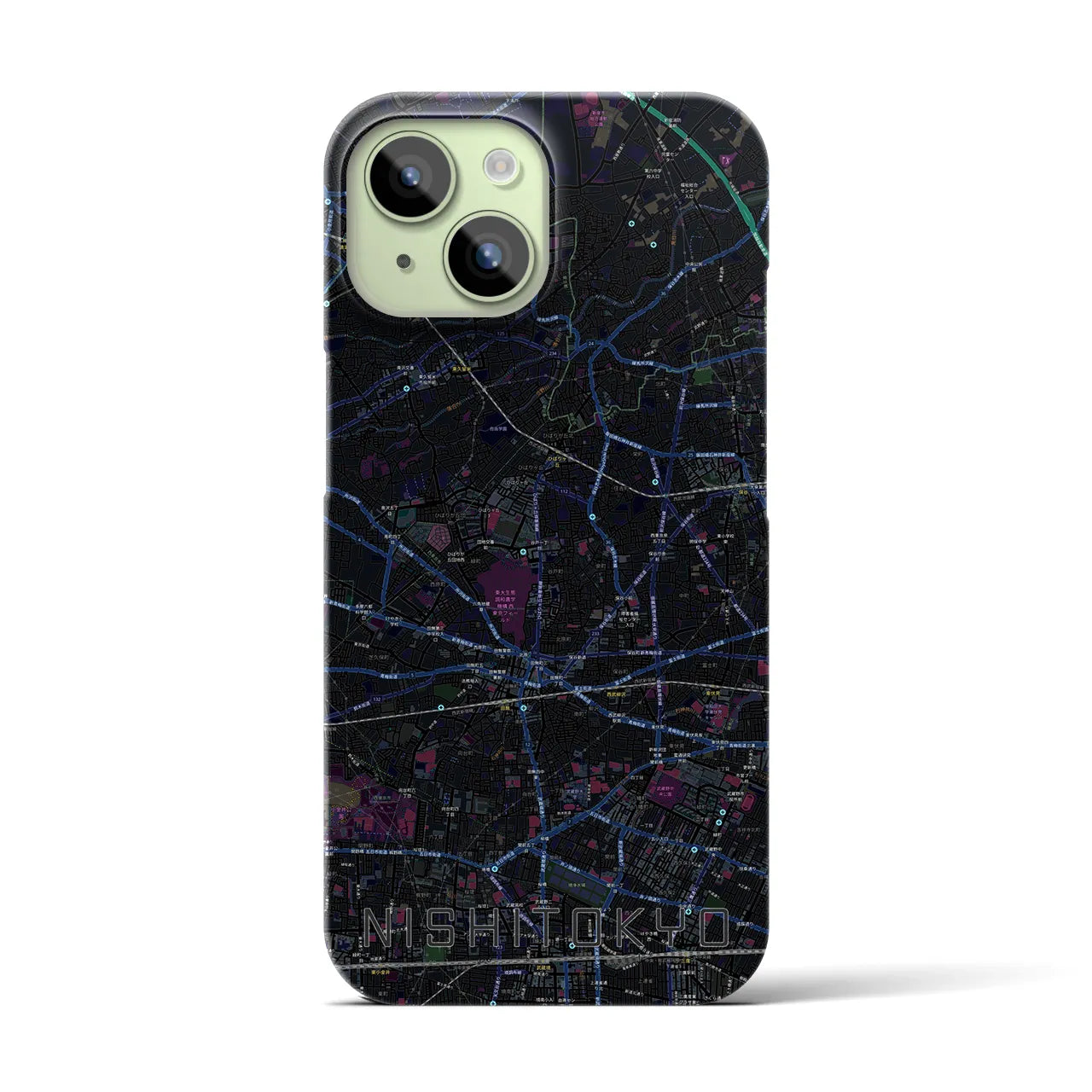 【西東京】地図柄iPhoneケース（バックカバータイプ・ブラック）iPhone 15 用