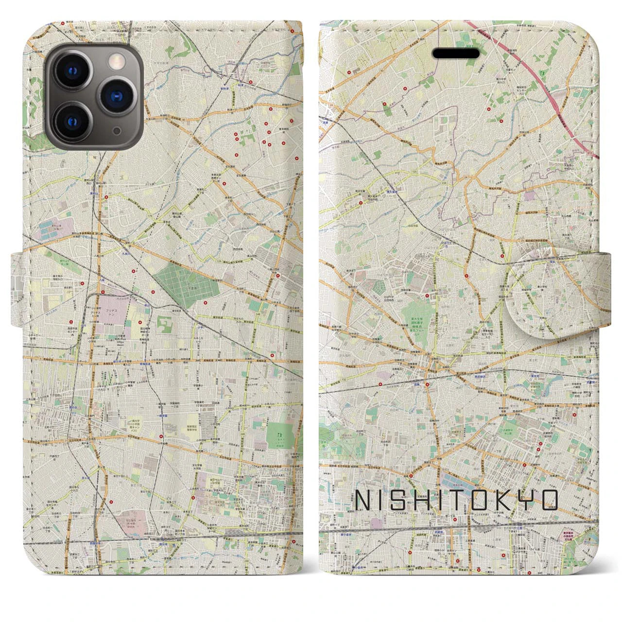 【西東京】地図柄iPhoneケース（手帳両面タイプ・ナチュラル）iPhone 11 Pro Max 用