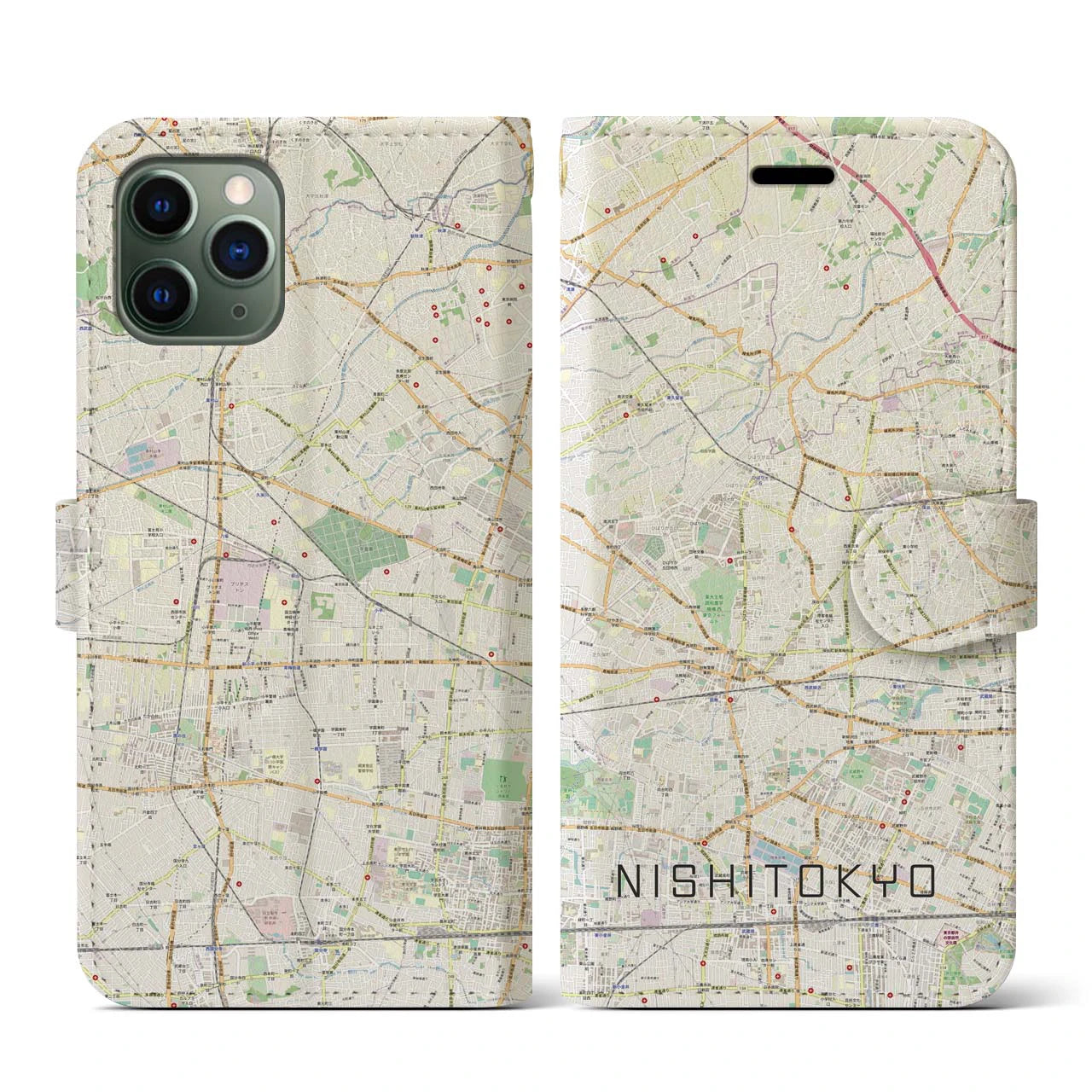 【西東京】地図柄iPhoneケース（手帳両面タイプ・ナチュラル）iPhone 11 Pro 用