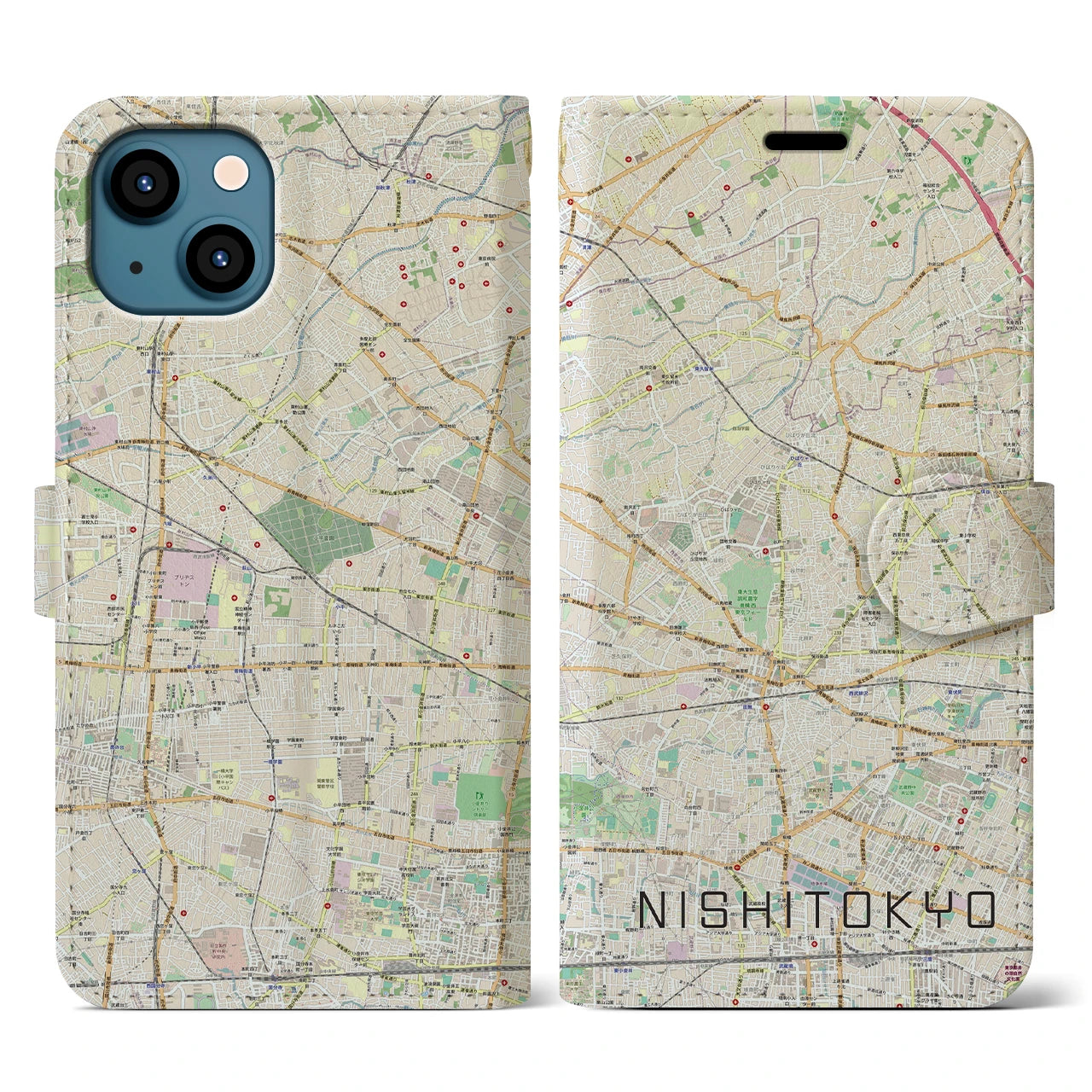 【西東京】地図柄iPhoneケース（手帳両面タイプ・ナチュラル）iPhone 13 用