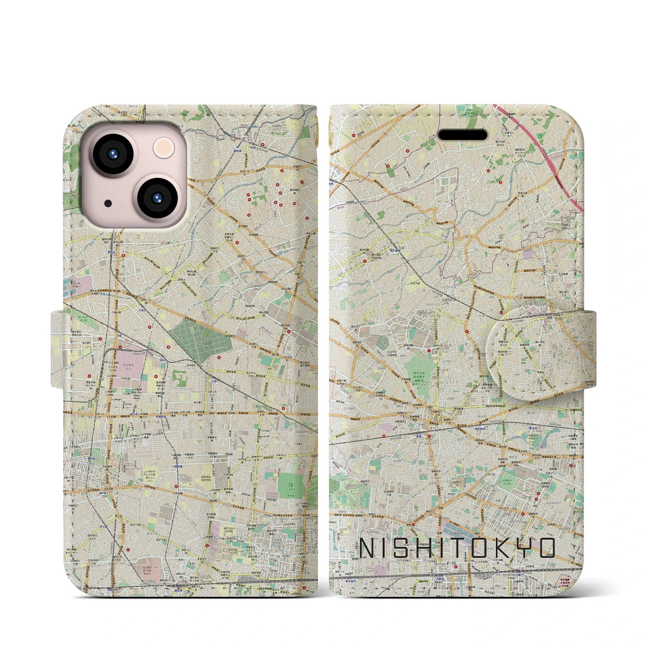 【西東京】地図柄iPhoneケース（手帳両面タイプ・ナチュラル）iPhone 13 mini 用