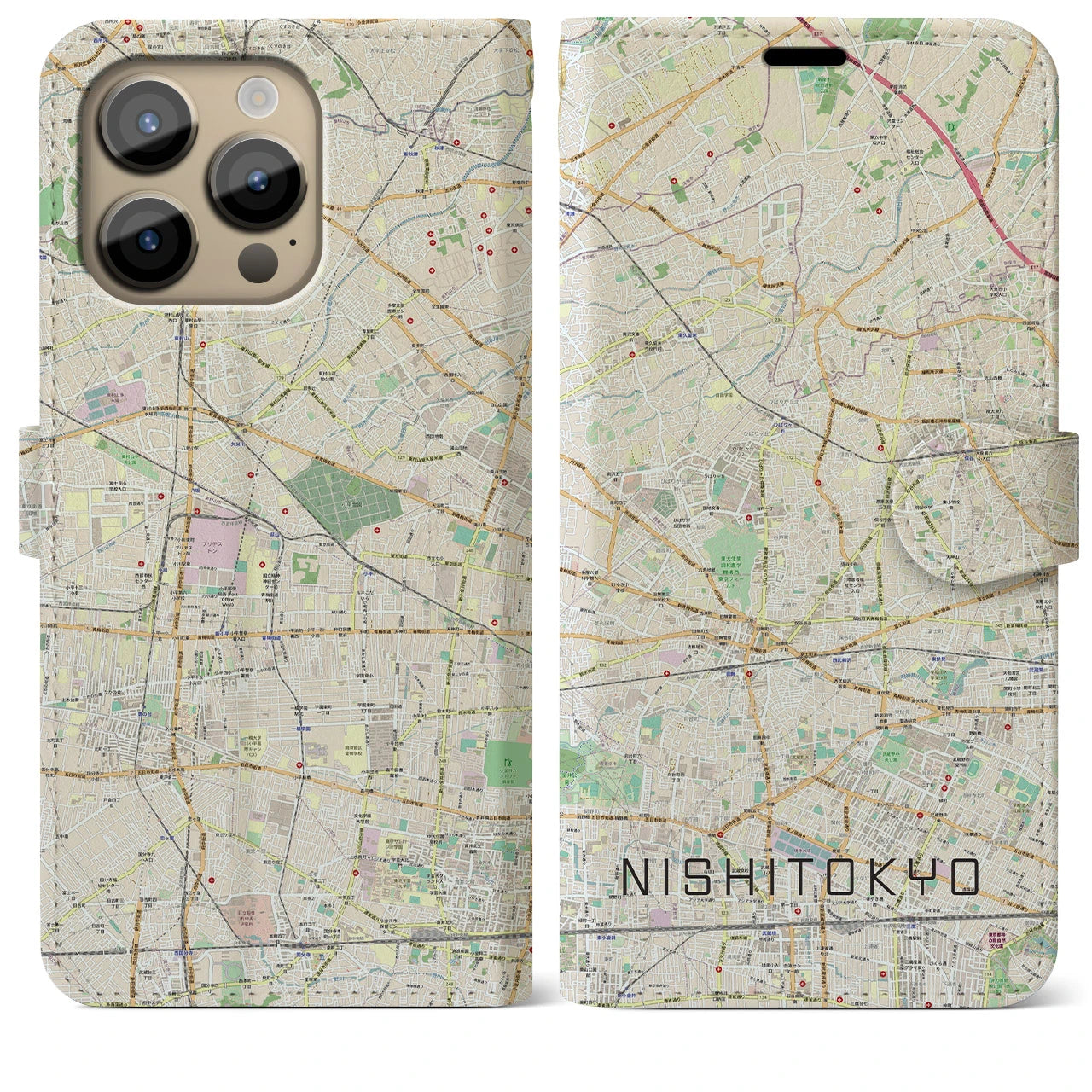 【西東京】地図柄iPhoneケース（手帳両面タイプ・ナチュラル）iPhone 14 Pro Max 用