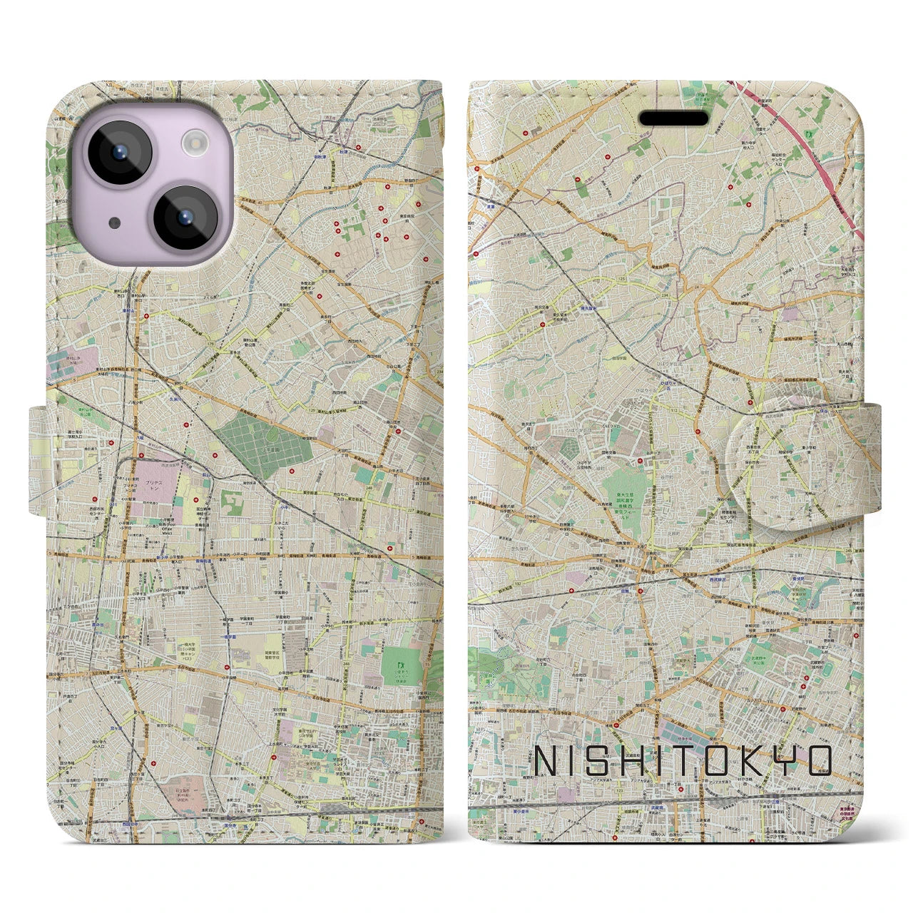 【西東京】地図柄iPhoneケース（手帳両面タイプ・ナチュラル）iPhone 14 用