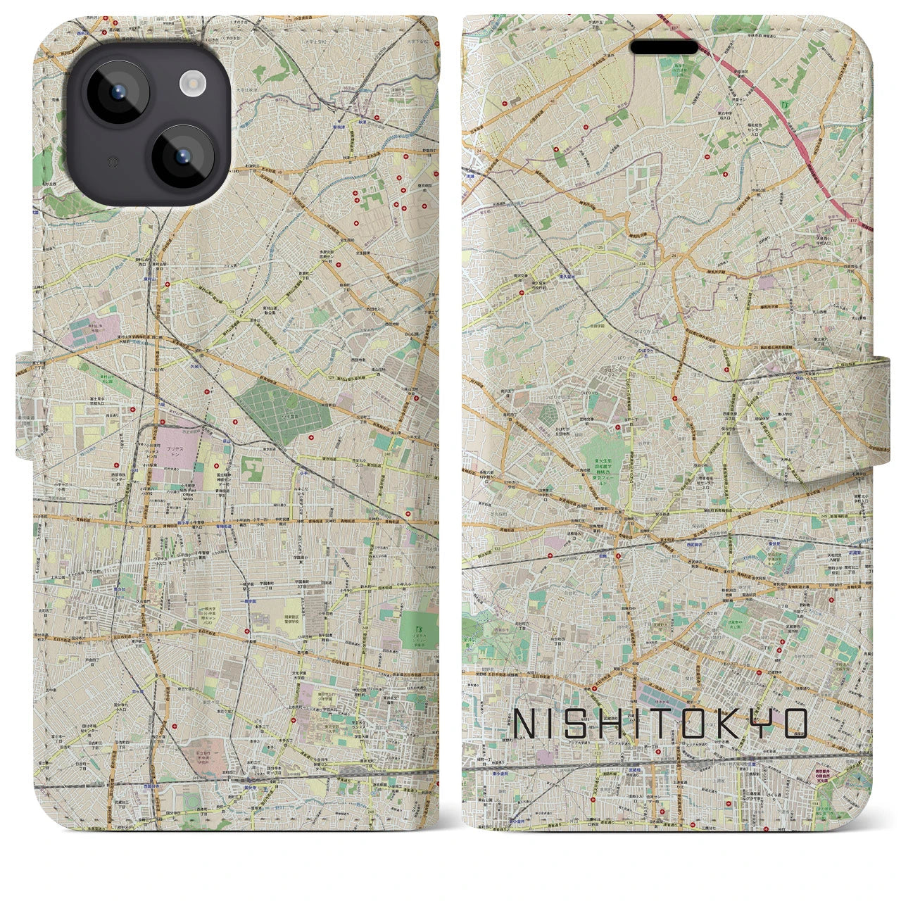 【西東京】地図柄iPhoneケース（手帳両面タイプ・ナチュラル）iPhone 14 Plus 用