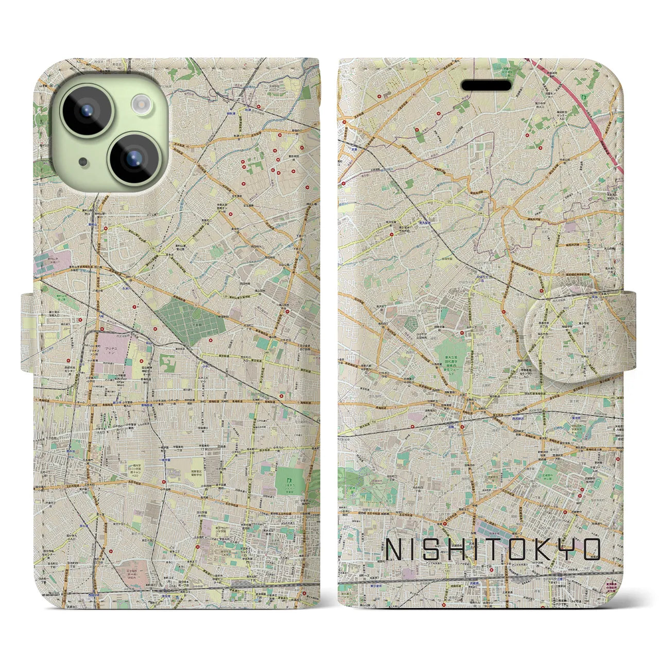 【西東京】地図柄iPhoneケース（手帳両面タイプ・ナチュラル）iPhone 15 用