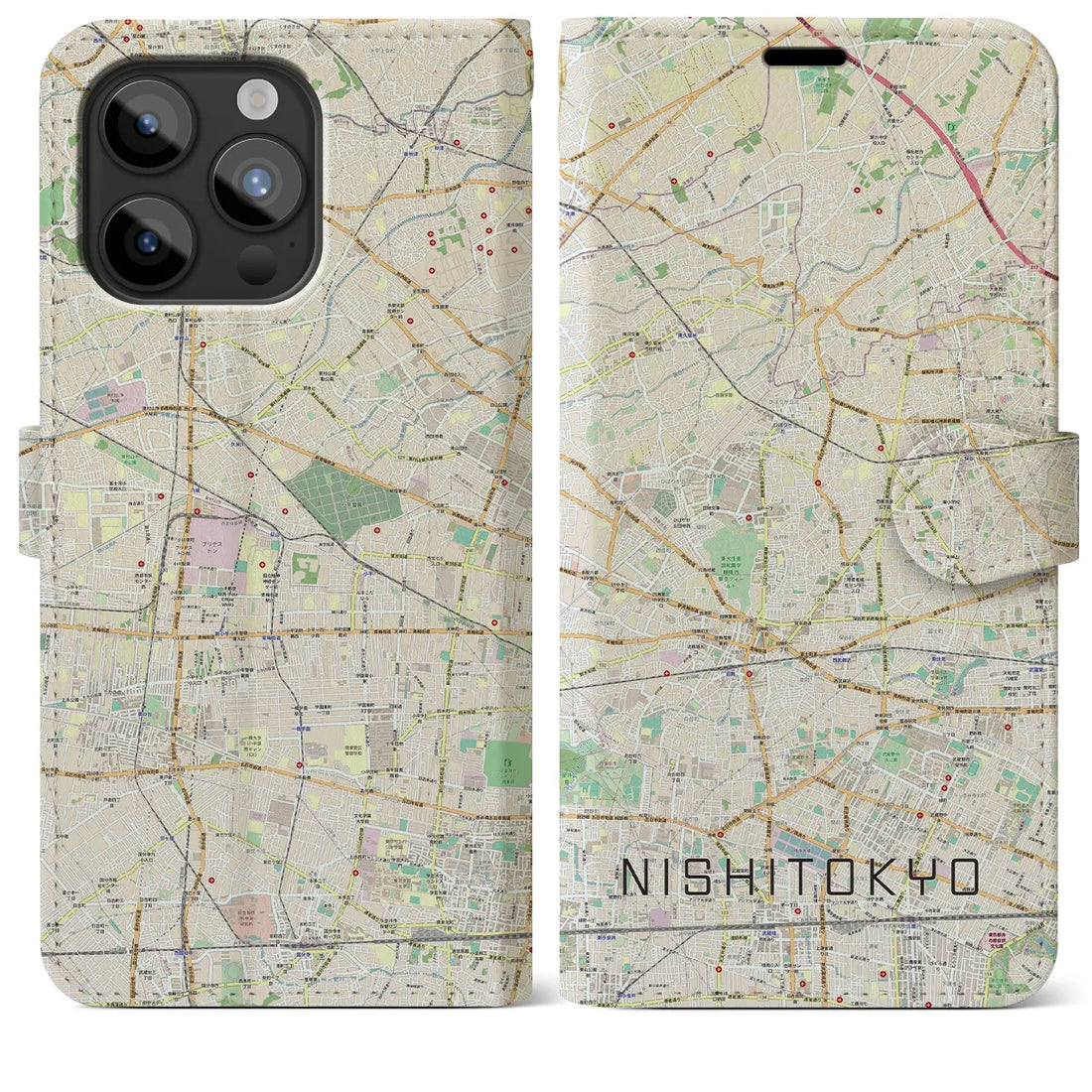 【西東京】地図柄iPhoneケース（手帳両面タイプ・ナチュラル）iPhone 15 Pro Max 用