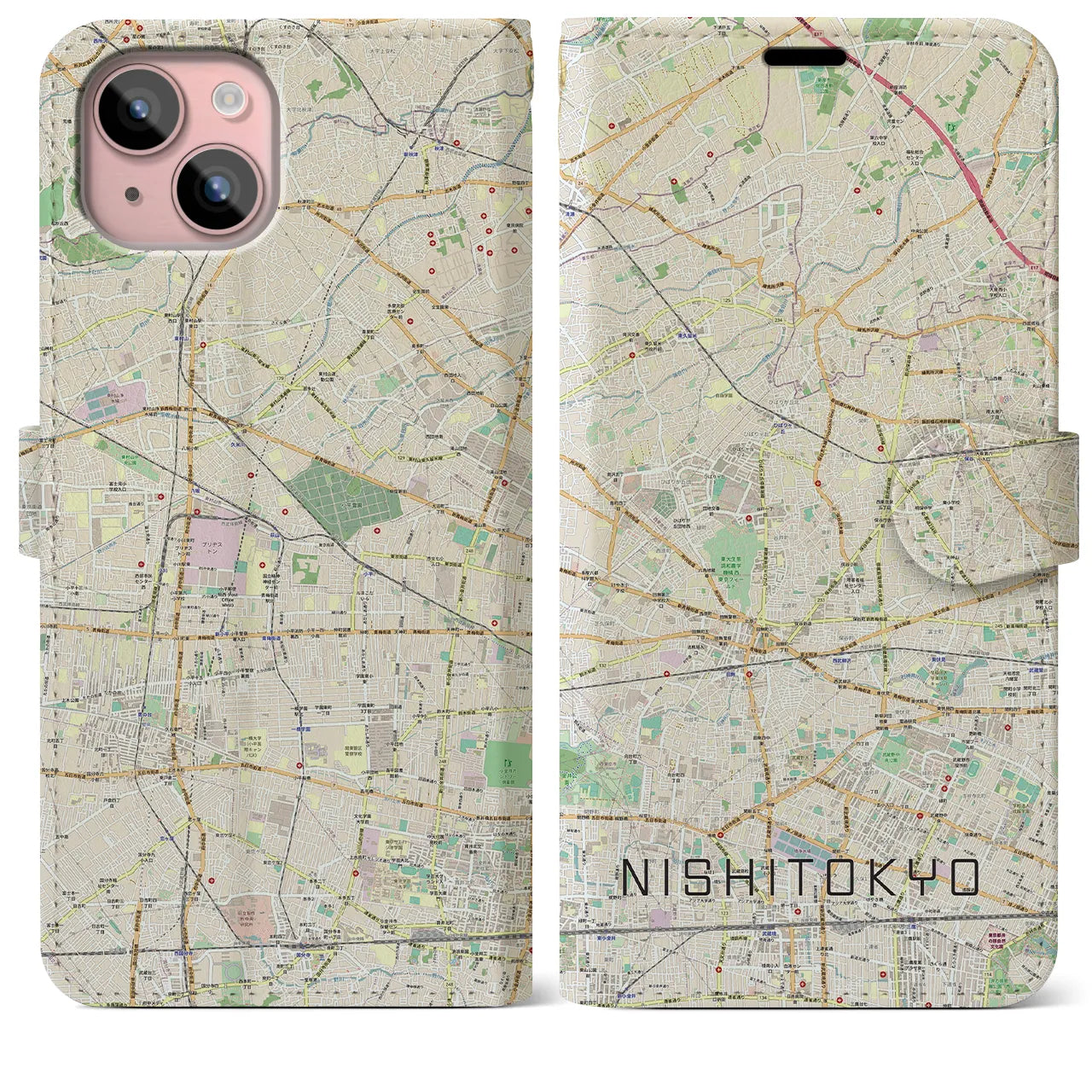 【西東京】地図柄iPhoneケース（手帳両面タイプ・ナチュラル）iPhone 15 Plus 用