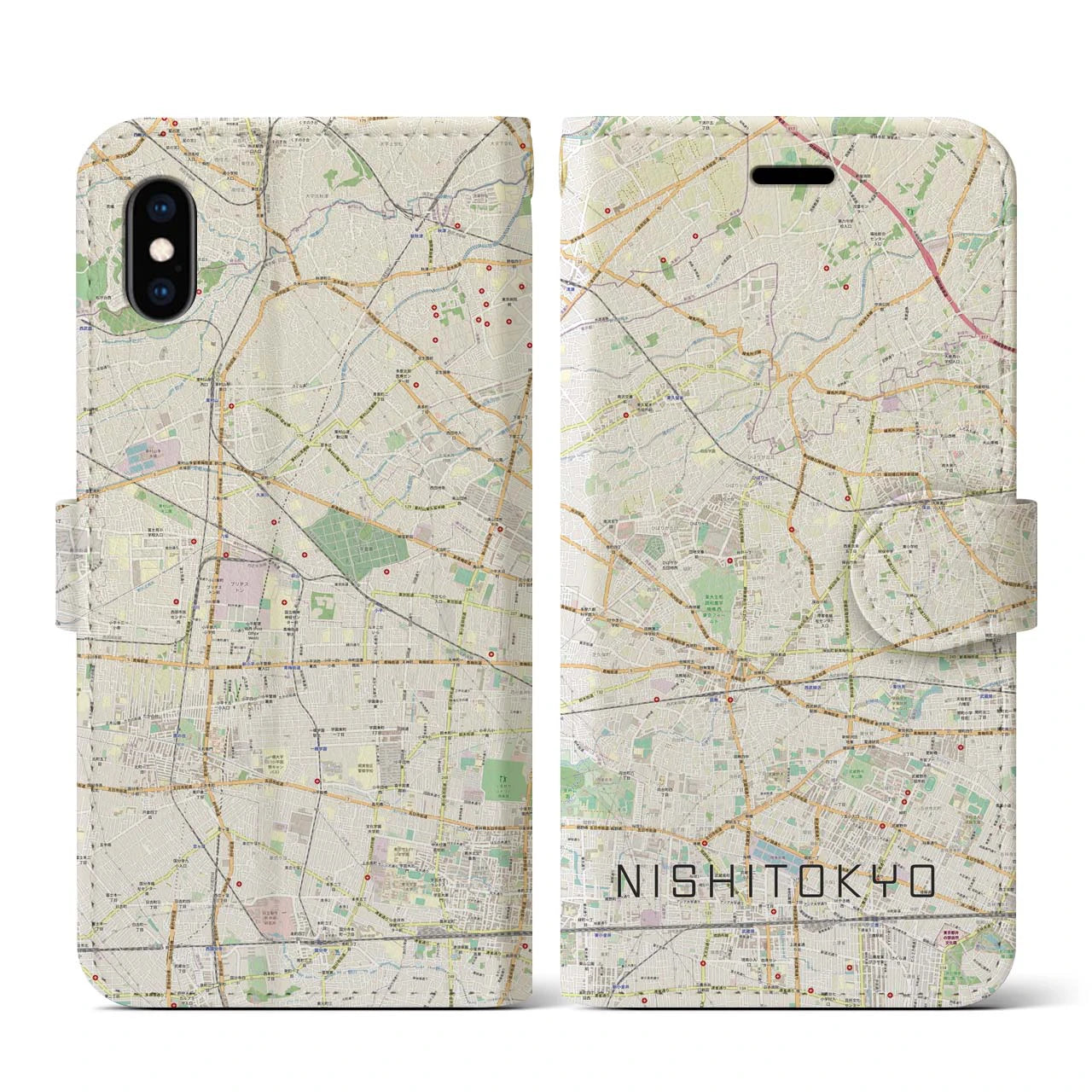 【西東京】地図柄iPhoneケース（手帳両面タイプ・ナチュラル）iPhone XS / X 用