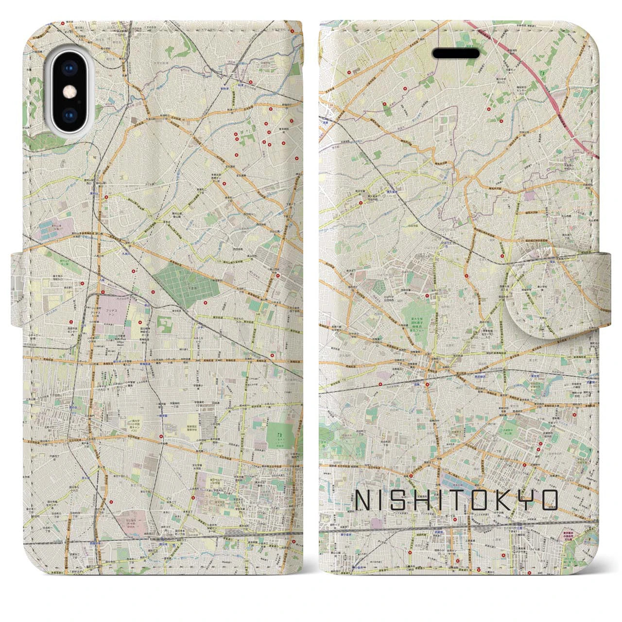 【西東京】地図柄iPhoneケース（手帳両面タイプ・ナチュラル）iPhone XS Max 用