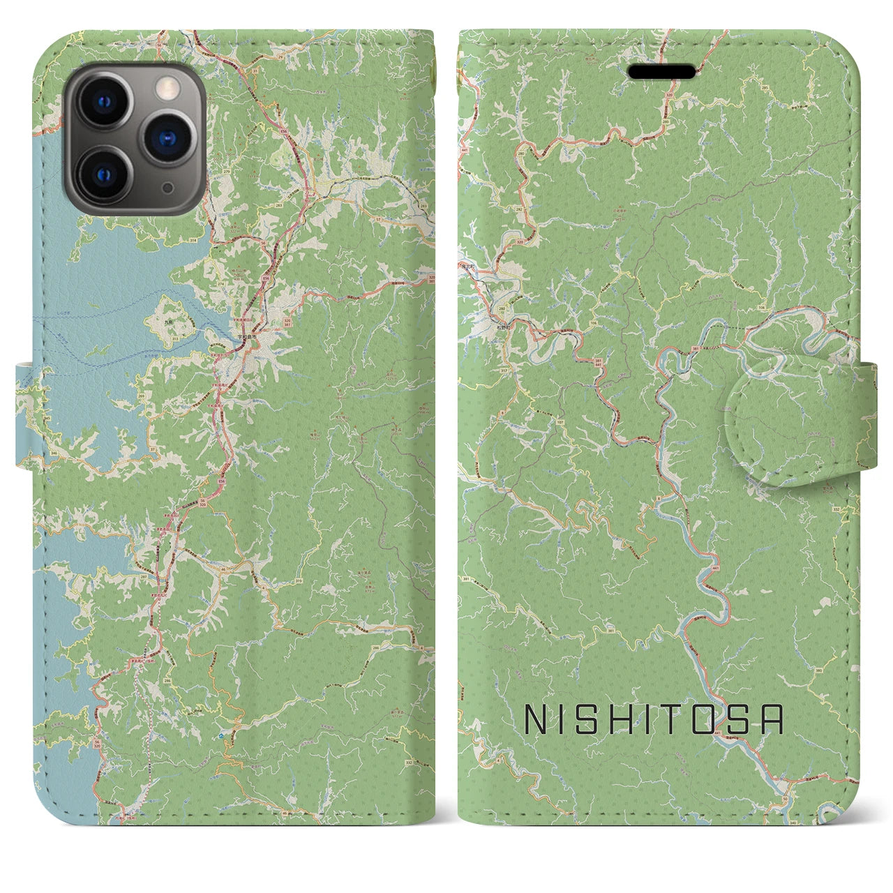 【西土佐】地図柄iPhoneケース（手帳両面タイプ・ナチュラル）iPhone 11 Pro Max 用