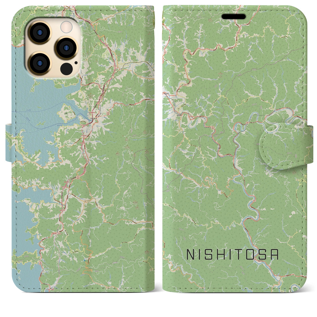 【西土佐】地図柄iPhoneケース（手帳両面タイプ・ナチュラル）iPhone 12 Pro Max 用