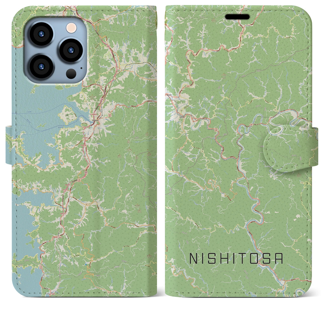 【西土佐】地図柄iPhoneケース（手帳両面タイプ・ナチュラル）iPhone 13 Pro Max 用