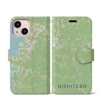 【西土佐（高知県）】地図柄iPhoneケース（手帳タイプ）ナチュラル・iPhone 13 mini 用