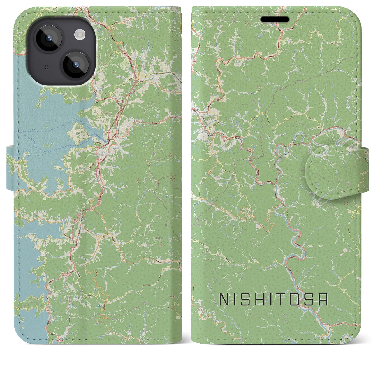 【西土佐】地図柄iPhoneケース（手帳両面タイプ・ナチュラル）iPhone 14 Plus 用