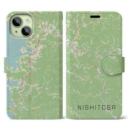 【西土佐（高知県）】地図柄iPhoneケース（手帳タイプ）ナチュラル・iPhone 15 用