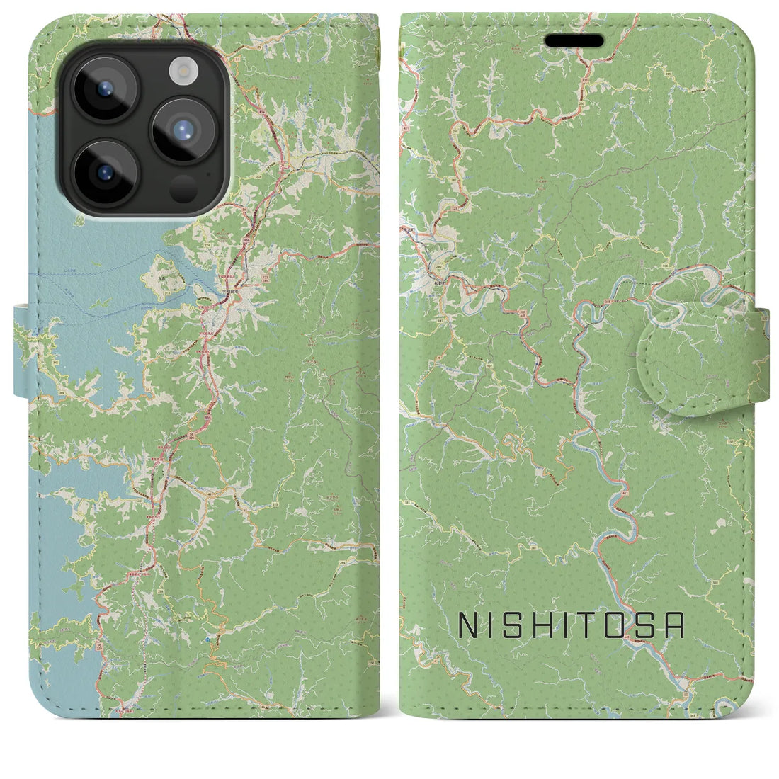 【西土佐】地図柄iPhoneケース（手帳両面タイプ・ナチュラル）iPhone 15 Pro Max 用