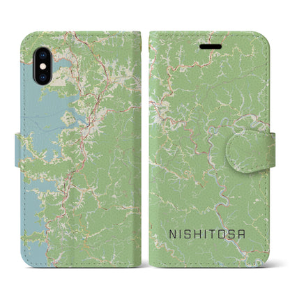 【西土佐（高知県）】地図柄iPhoneケース（手帳タイプ）ナチュラル・iPhone XS / X 用