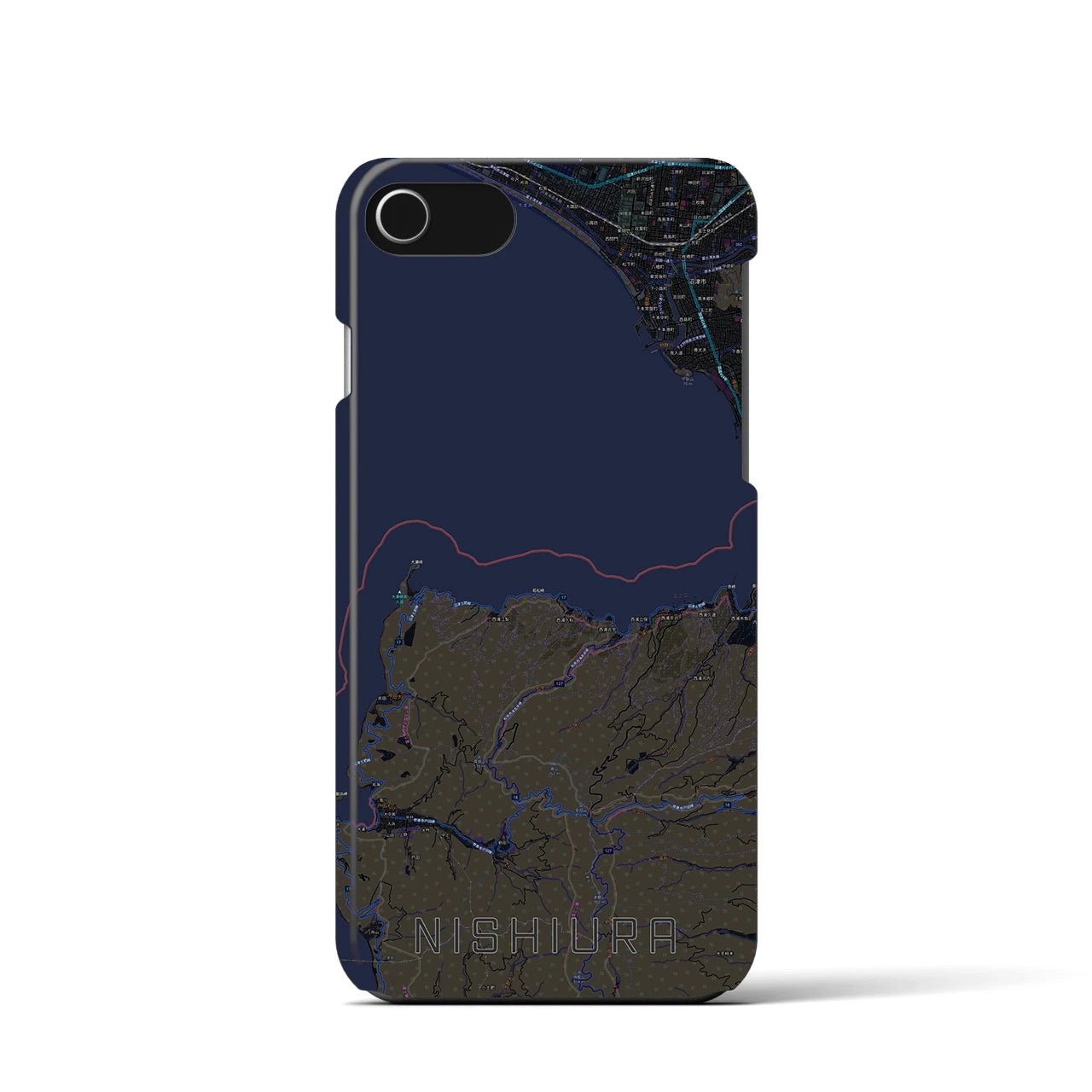 【西浦】地図柄iPhoneケース（バックカバータイプ・ブラック）iPhone SE（第3 / 第2世代） / 8 / 7 / 6s / 6 用