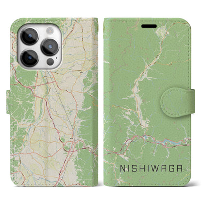 【西和賀（岩手県）】地図柄iPhoneケース（手帳タイプ）ナチュラル・iPhone 14 Pro 用