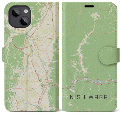 【西和賀（岩手県）】地図柄iPhoneケース（手帳タイプ）ナチュラル・iPhone 14 Plus 用