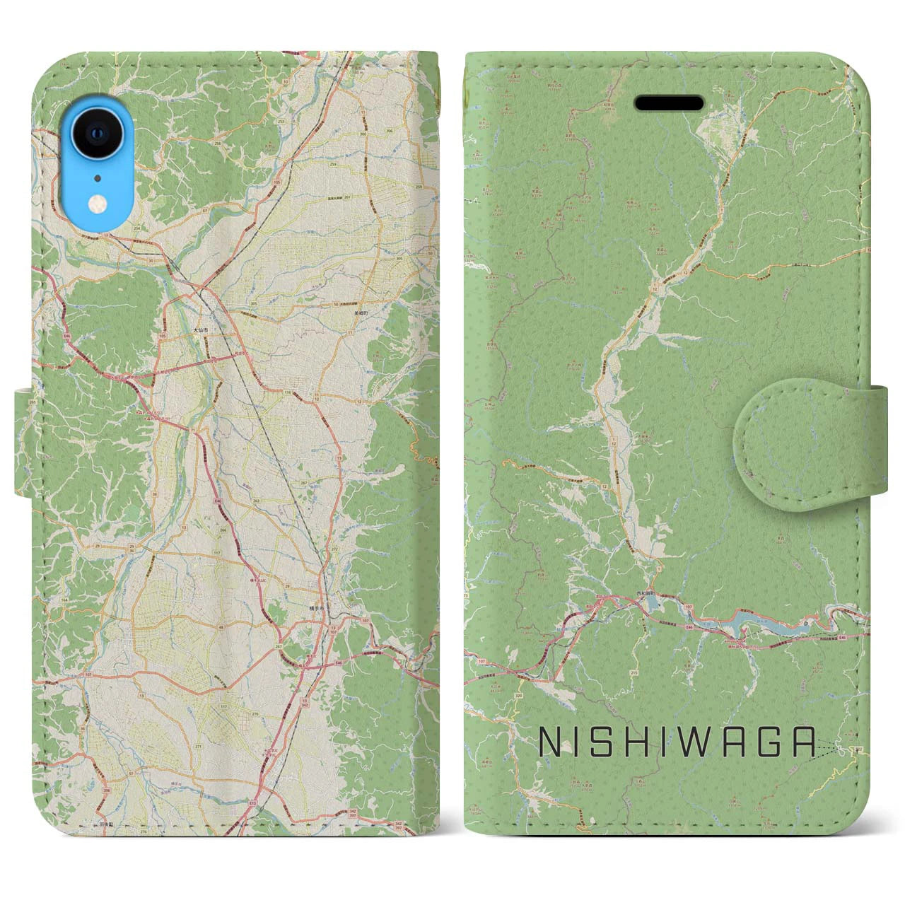 【西和賀】地図柄iPhoneケース（手帳両面タイプ・ナチュラル）iPhone XR 用
