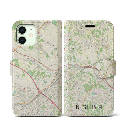 【西谷（神奈川県）】地図柄iPhoneケース（手帳タイプ）ナチュラル・iPhone 12 mini 用