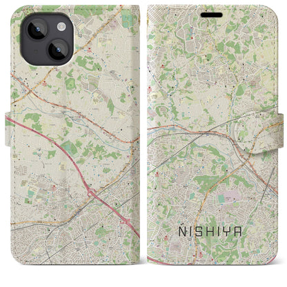 【西谷（神奈川県）】地図柄iPhoneケース（手帳タイプ）ナチュラル・iPhone 14 Plus 用
