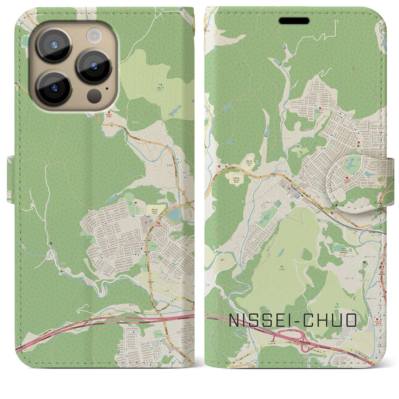 【日生中央】地図柄iPhoneケース（手帳両面タイプ・ナチュラル）iPhone 14 Pro Max 用
