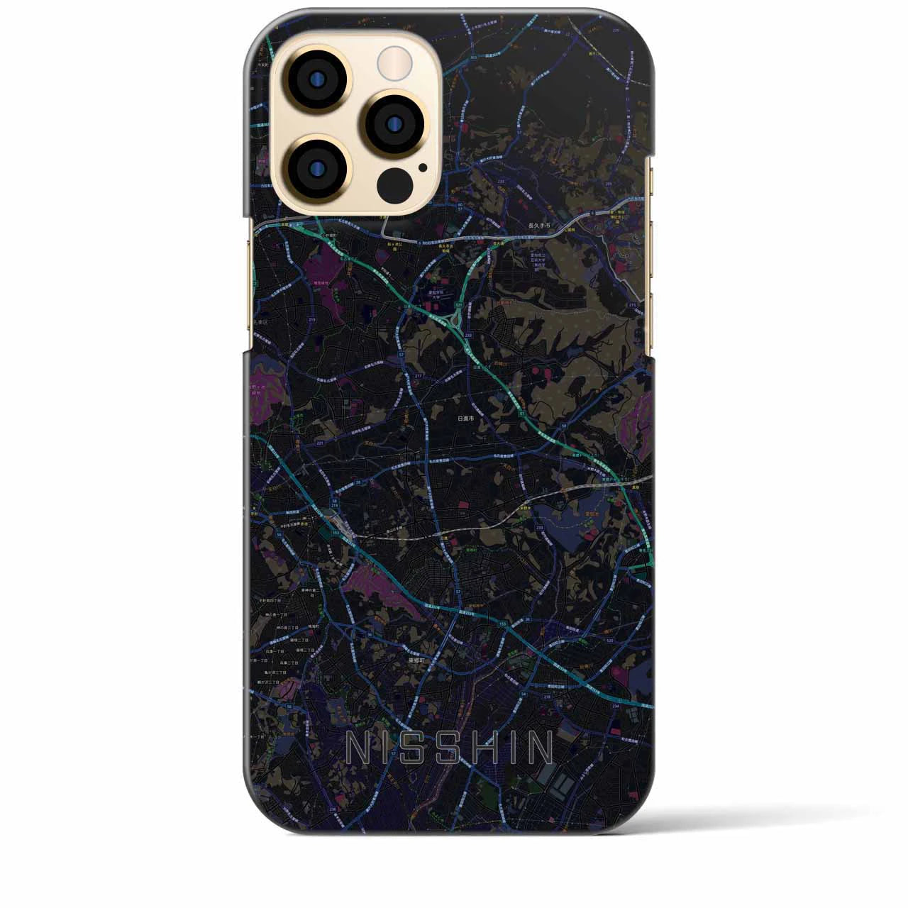 【日進（愛知県）】地図柄iPhoneケース（バックカバータイプ・ブラック）iPhone 12 Pro Max 用
