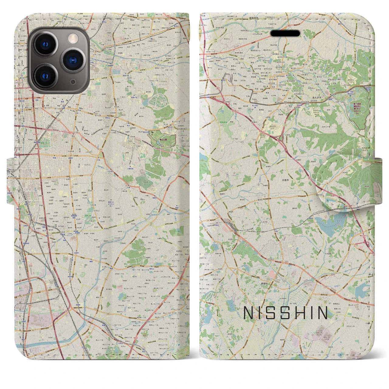 【日進（愛知県）】地図柄iPhoneケース（手帳両面タイプ・ナチュラル）iPhone 11 Pro Max 用