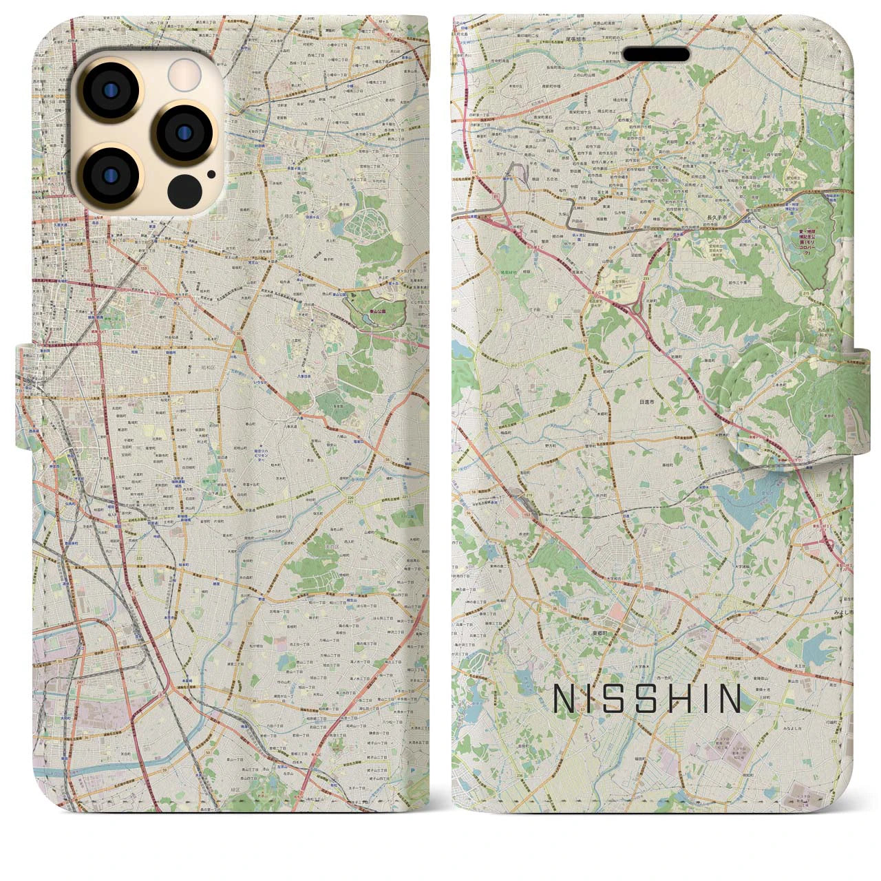 【日進（愛知県）】地図柄iPhoneケース（手帳両面タイプ・ナチュラル）iPhone 12 Pro Max 用