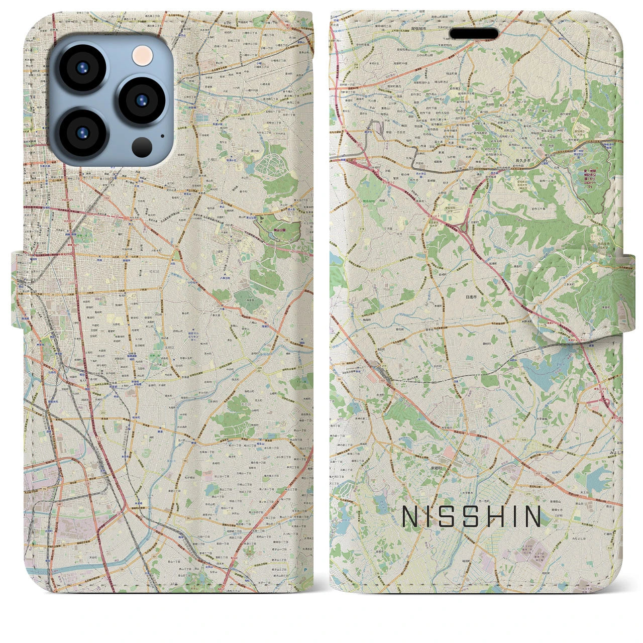 【日進（愛知県）】地図柄iPhoneケース（手帳両面タイプ・ナチュラル）iPhone 13 Pro Max 用