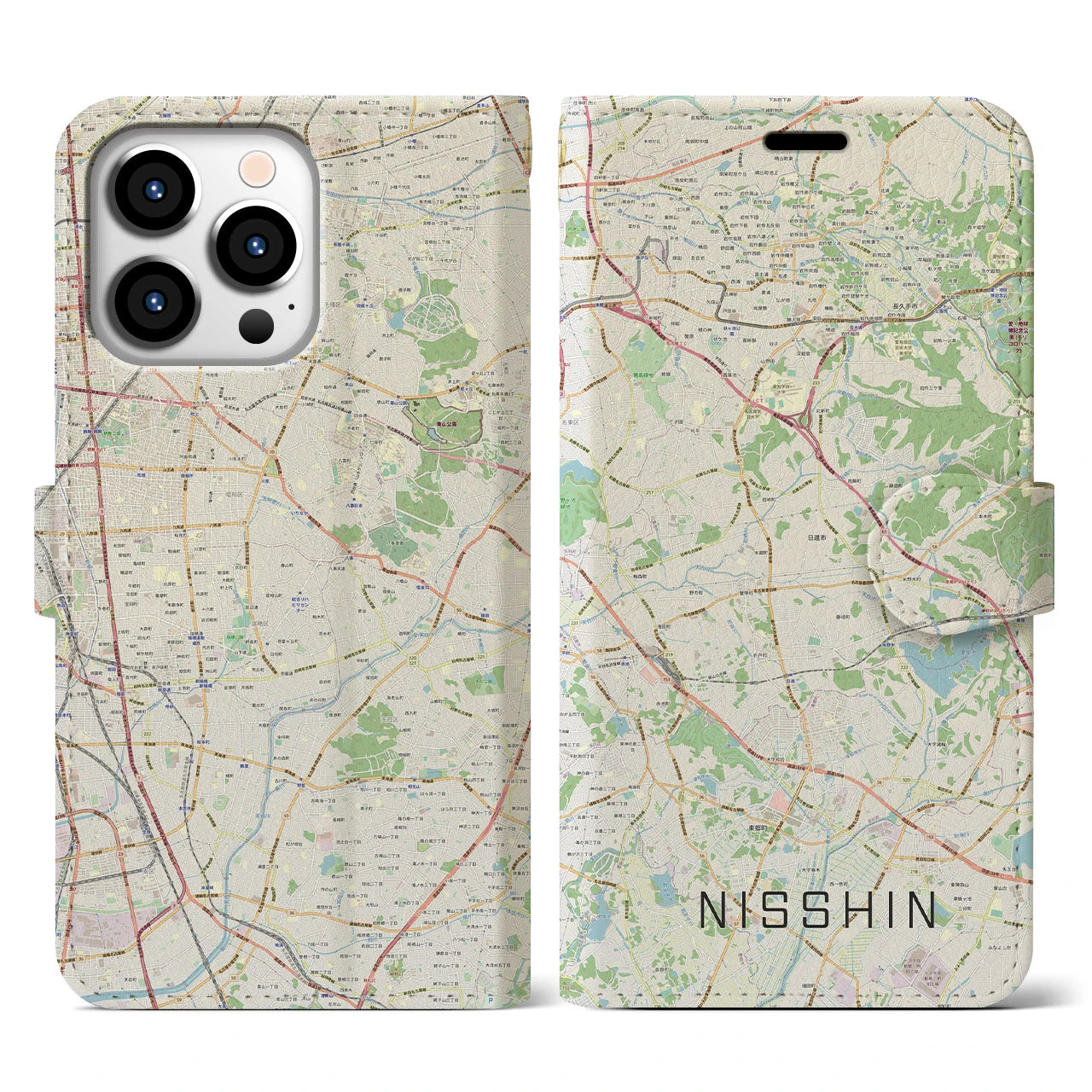 【日進（愛知県）】地図柄iPhoneケース（手帳両面タイプ・ナチュラル）iPhone 13 Pro 用
