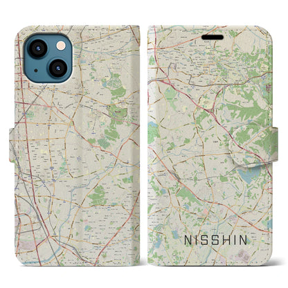 【日進（愛知県）】地図柄iPhoneケース（手帳タイプ）ナチュラル・iPhone 13 用