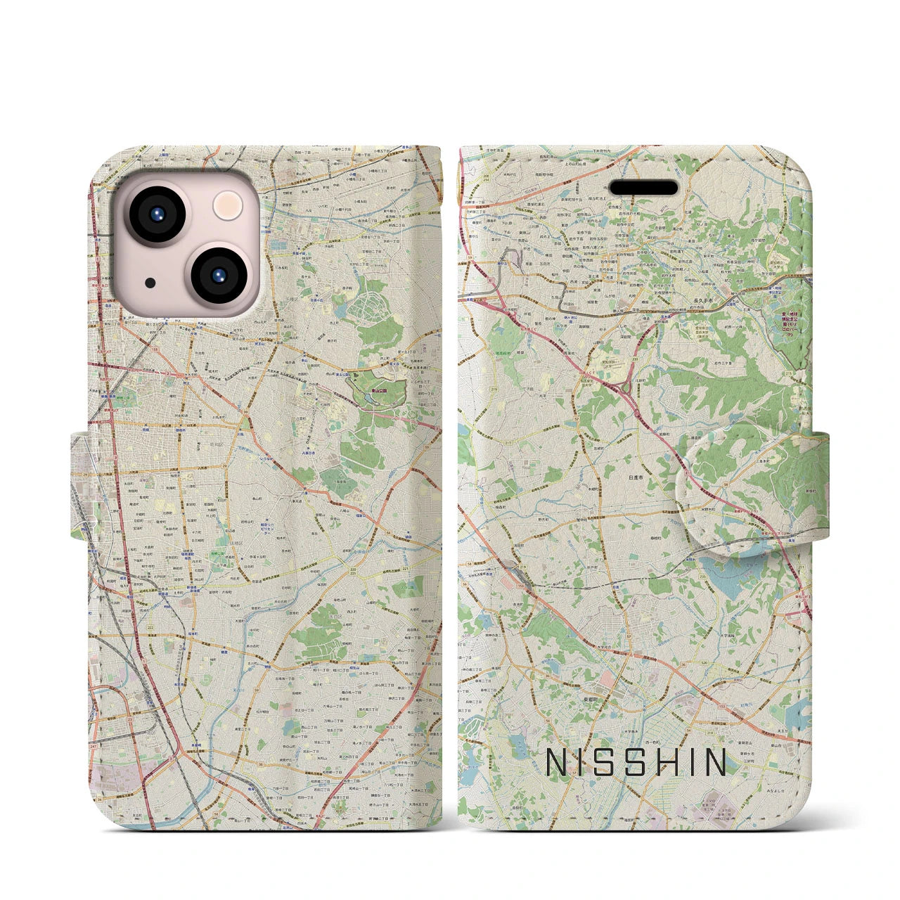【日進（愛知県）】地図柄iPhoneケース（手帳両面タイプ・ナチュラル）iPhone 13 mini 用