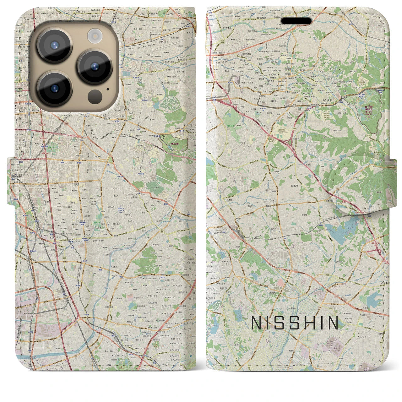 【日進（愛知県）】地図柄iPhoneケース（手帳両面タイプ・ナチュラル）iPhone 14 Pro Max 用