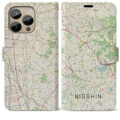 【日進（愛知県）】地図柄iPhoneケース（手帳タイプ）ナチュラル・iPhone 14 Pro Max 用