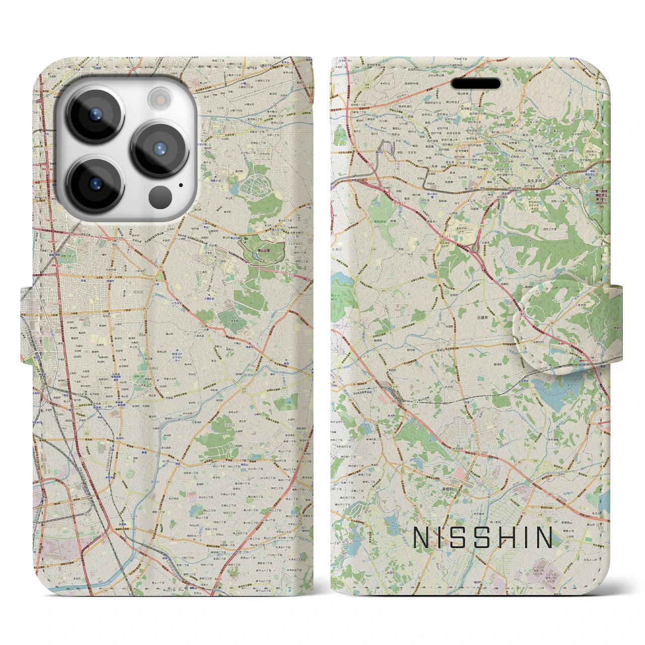 【日進（愛知県）】地図柄iPhoneケース（手帳両面タイプ・ナチュラル）iPhone 14 Pro 用