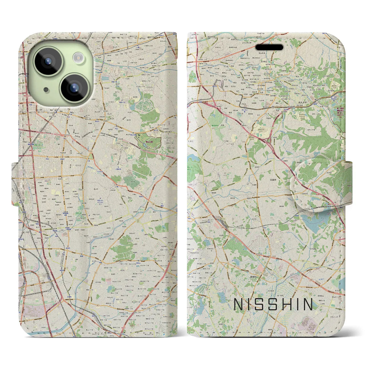 【日進（愛知県）】地図柄iPhoneケース（手帳両面タイプ・ナチュラル）iPhone 15 用