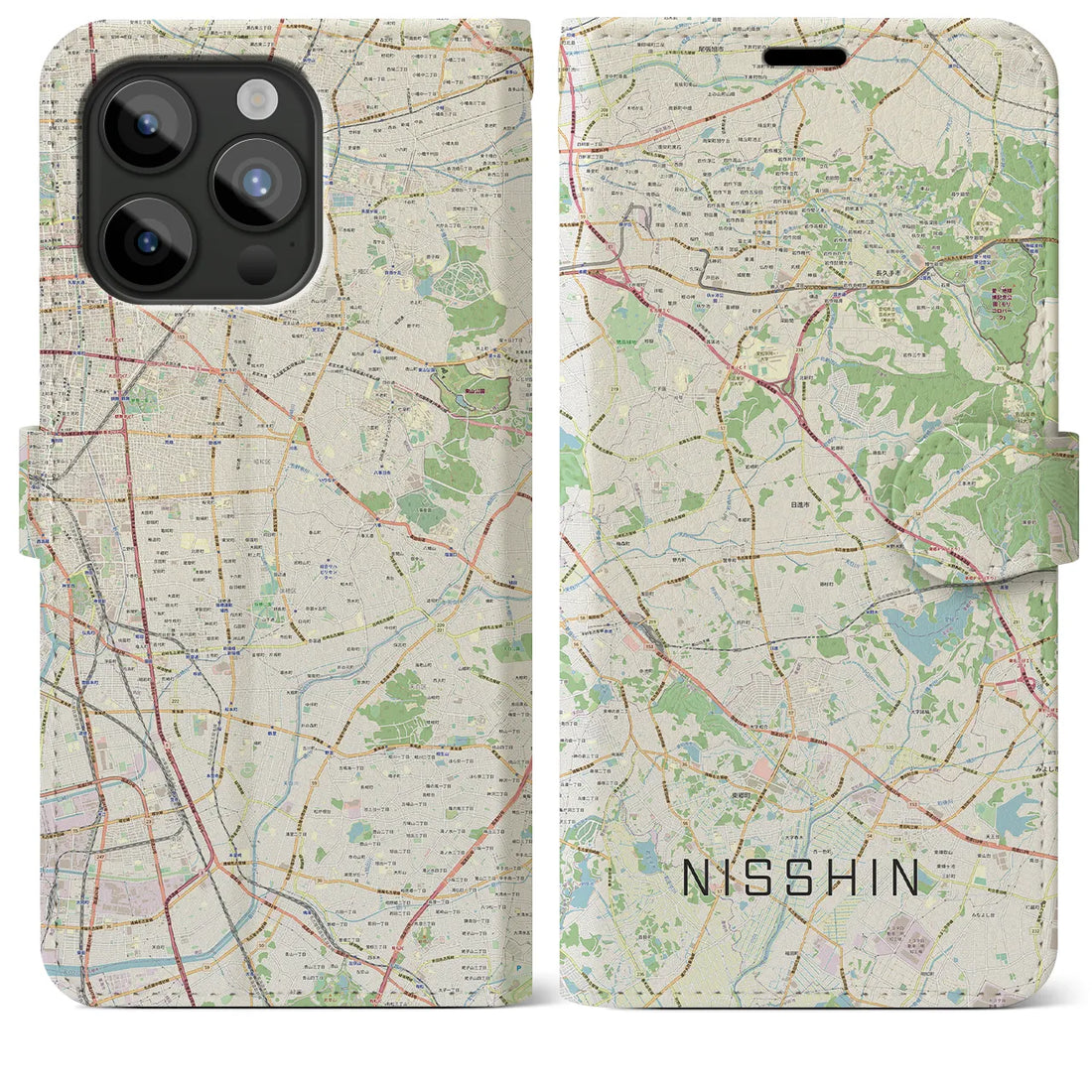 【日進（愛知県）】地図柄iPhoneケース（手帳両面タイプ・ナチュラル）iPhone 15 Pro Max 用