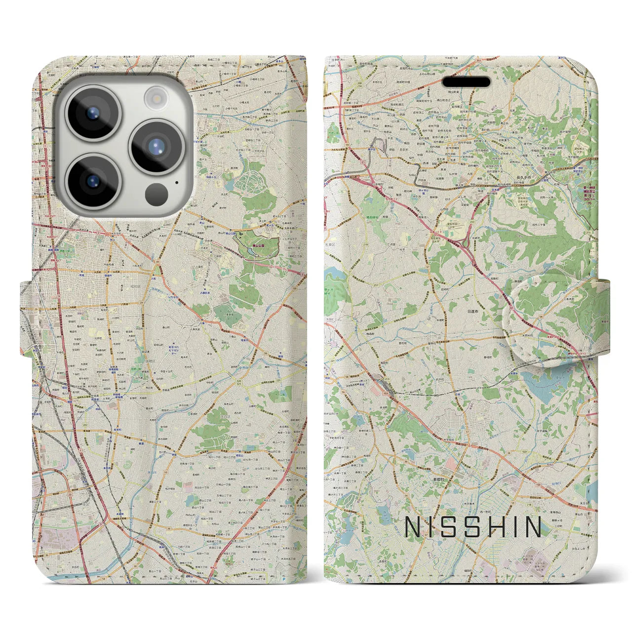 【日進（愛知県）】地図柄iPhoneケース（手帳両面タイプ・ナチュラル）iPhone 15 Pro 用